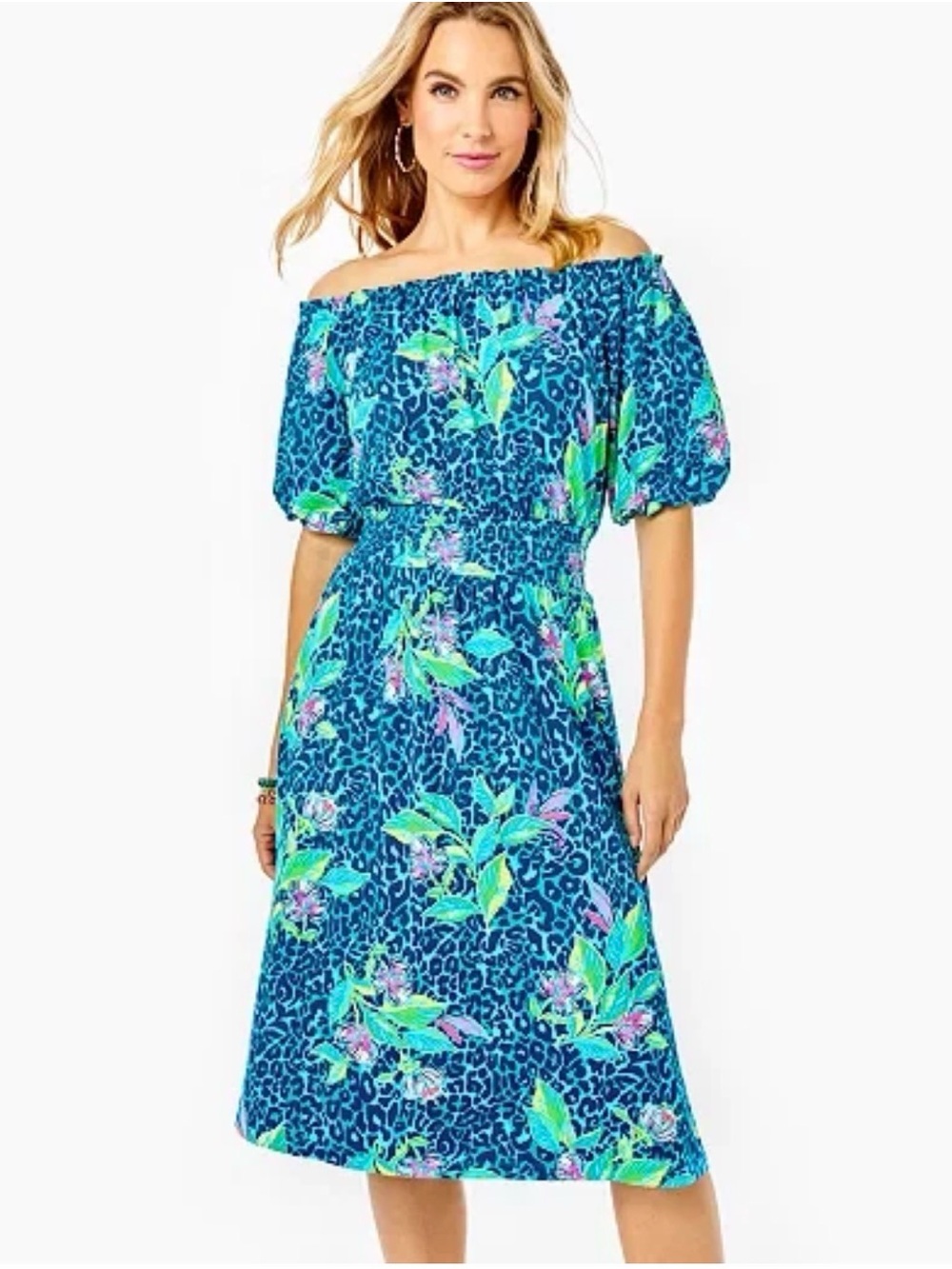 Lilly Pulitzer Off-Shoulder Blue Tropical Floral Maxi Dress